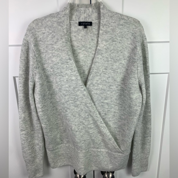 1. State Sweaters - 1. State LARGE Faux Wrap Sweater Gray Plush Soft Cozy Minimalist V NECK Capsule